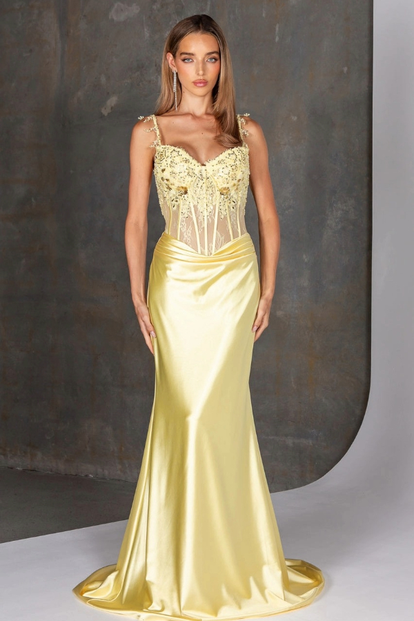 Lemon slinky satin prom dress with beaded bodice