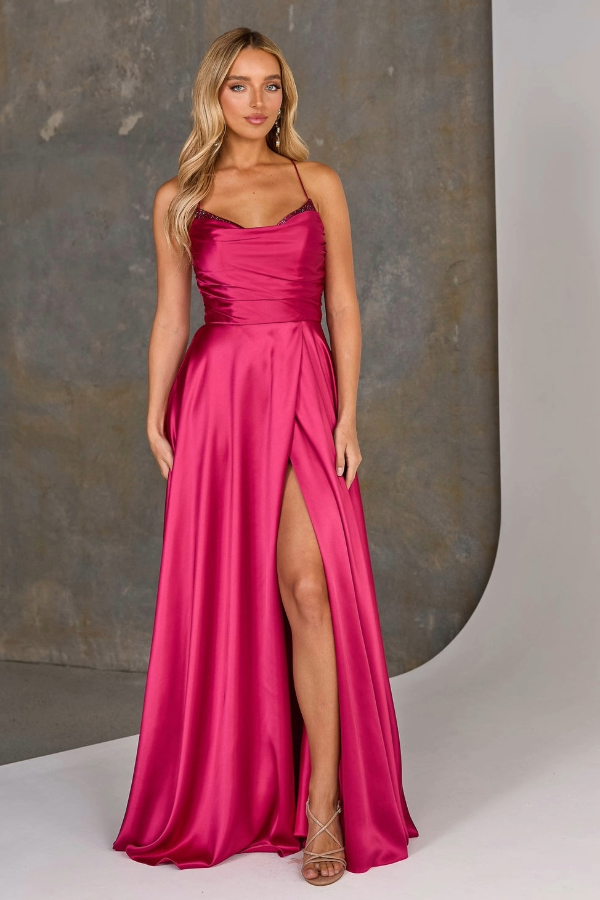 Aline satin prom dress with lace up bodice and front split