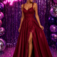 sATIN PROM DRESS WITH SIDE SPLIT AND LACE BODICE