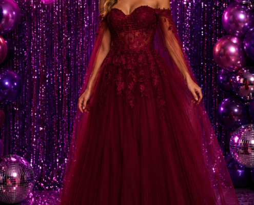 pRINCESS PROM DRESS WITH DETACHABLE CAPE SLEEVES