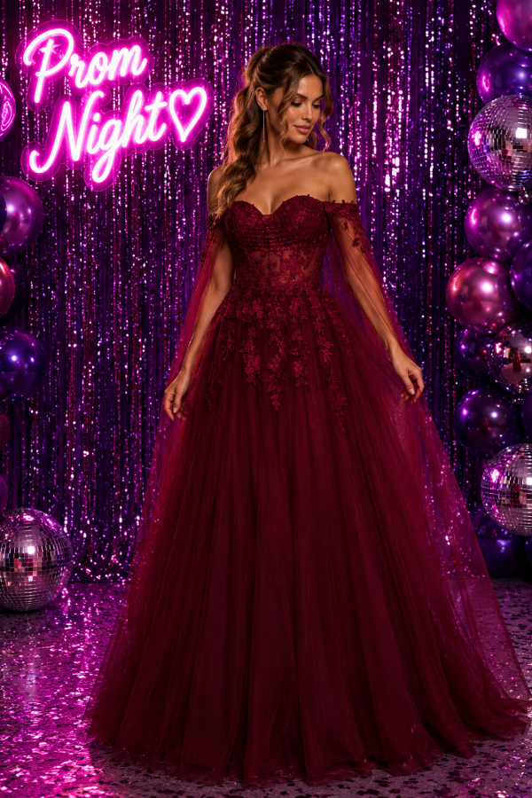 pRINCESS PROM DRESS WITH DETACHABLE CAPE SLEEVES
