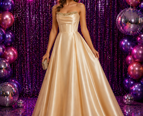 Satin ball gown prom dress with bead bodice