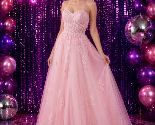 Pink prom dress with floaty skirt and beaded corset bodice. Princess style