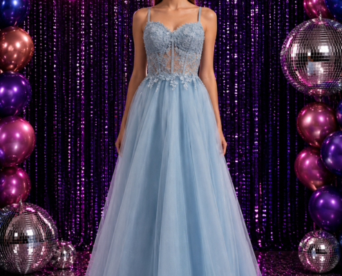 blue prom dress with floaty skirt and lace bodice
