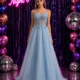 blue prom dress with floaty skirt and lace bodice