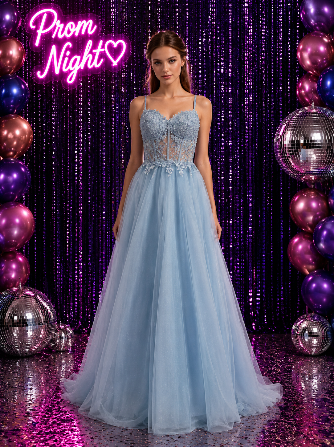 blue prom dress with floaty skirt and lace bodice
