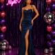 Slinky satin navy blue prom dress with leg split and modest square neckline