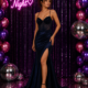Slinky satin prom dress with beaded bodice and side split
