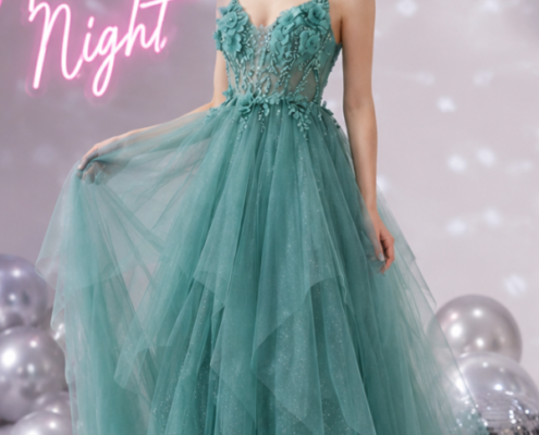 Sage green prom dress, princess style with beaded bodice