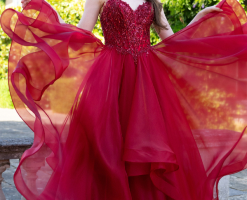 Princess prom dress with layered skirt, beaded bodice in red