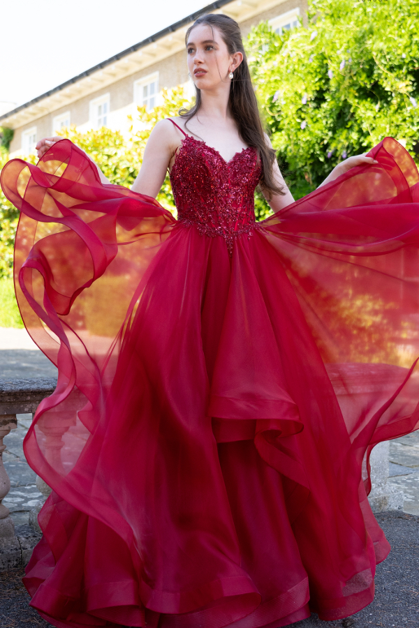 Princess prom dress with layered skirt, beaded bodice in red