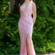 Floral fit and flare prom dress. Pink with front split and lace up back