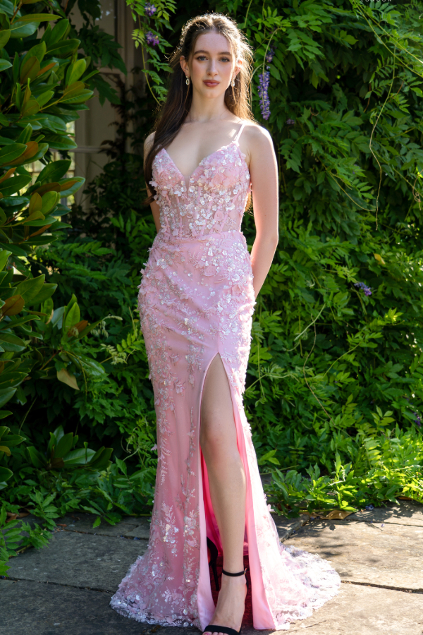 Floral fit and flare prom dress. Pink with front split and lace up back