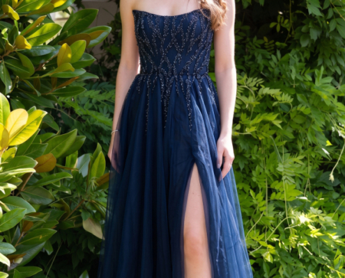 Aline prom dress in Navy with beaded bodice