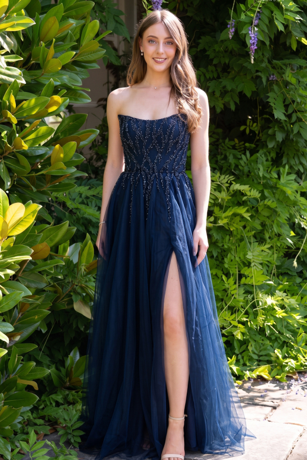 Aline prom dress in Navy with beaded bodice