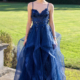Layered prom dress with glitter and 3d flowers and a lace up bodice